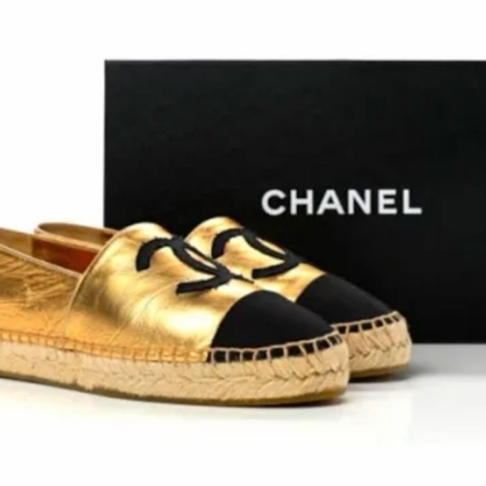 CHANEL Black and Gold Espadrilles